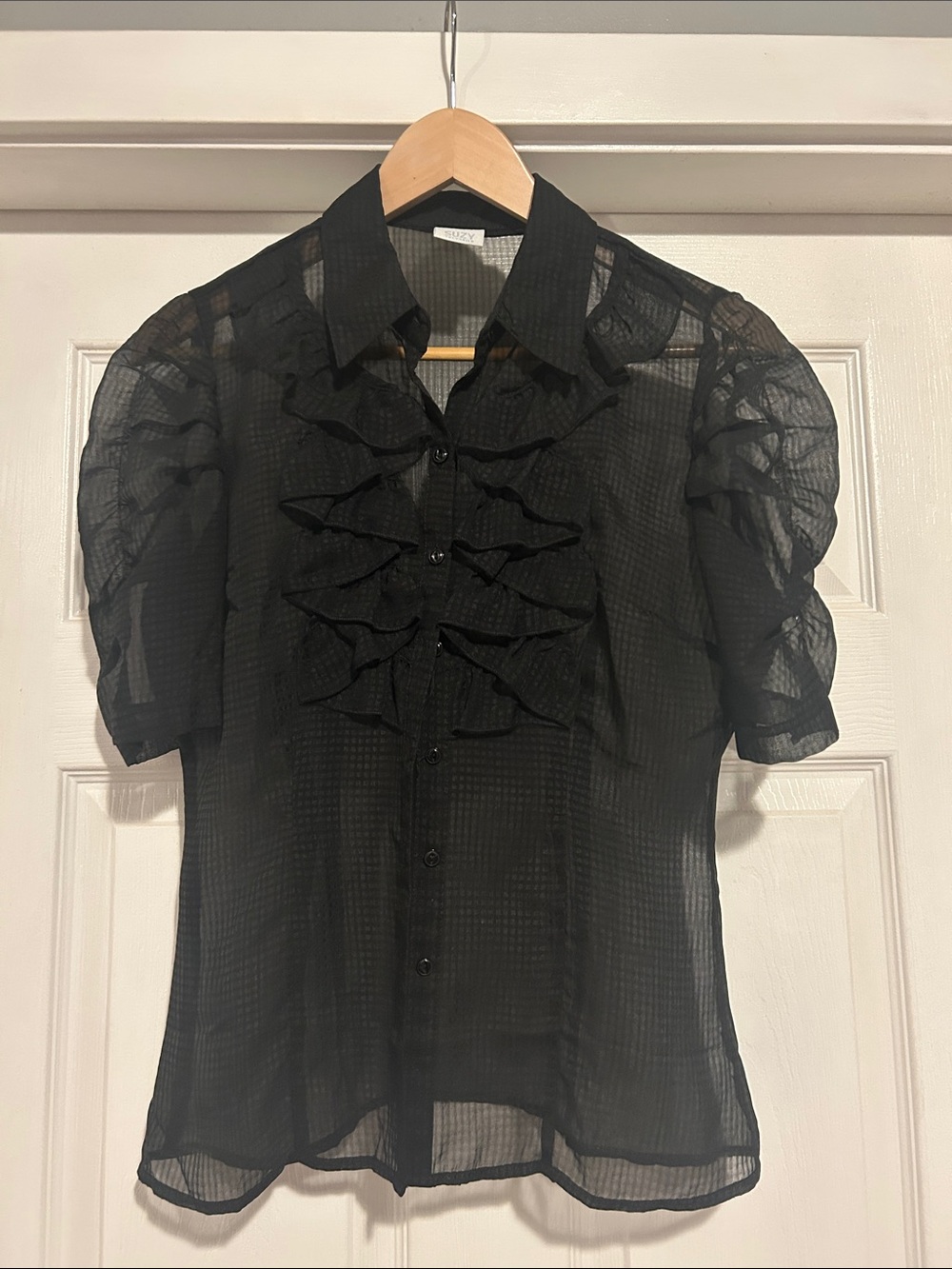 Suzy Shier Black Sheer Grid Blouse